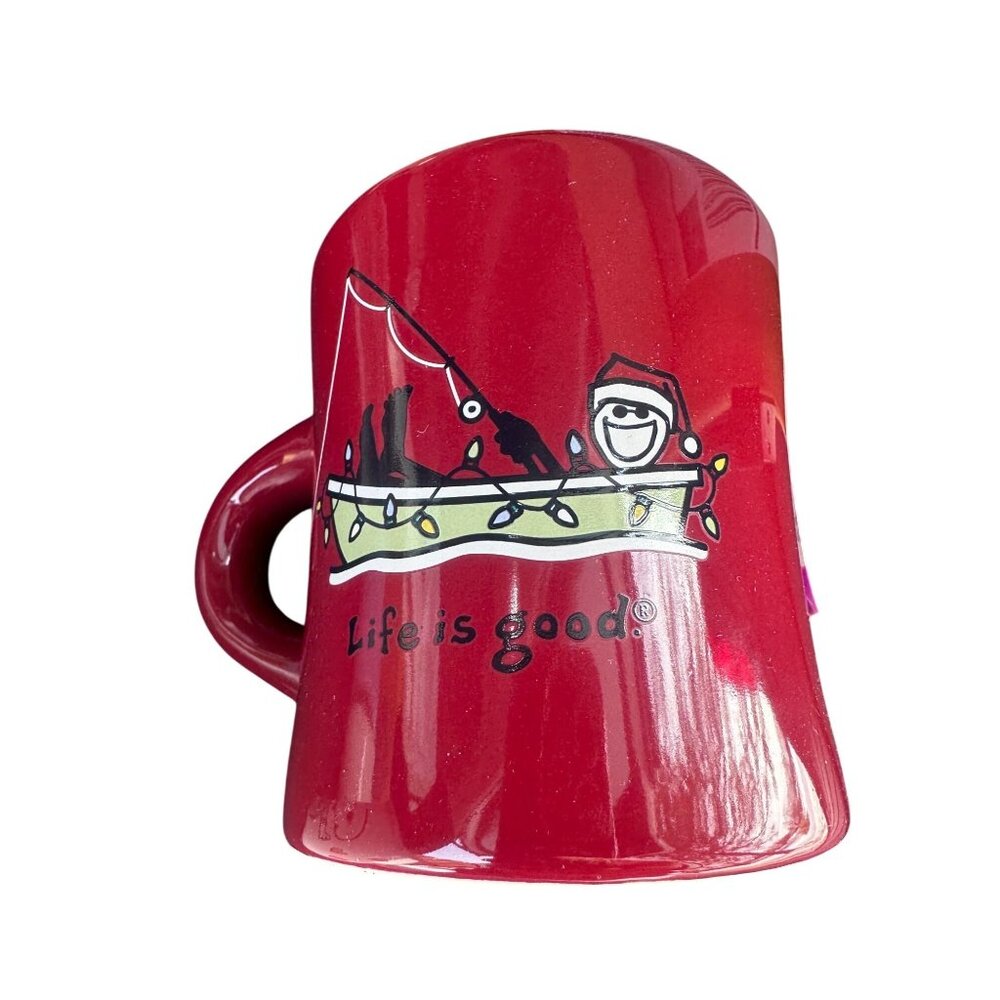 Life Is Good Red Ceramic Mug Cup Fisherman Design Coffee Tea Boat Lights 12 Oz